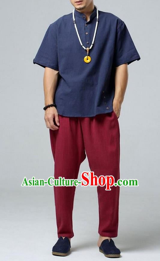 Traditional Top Chinese National Tang Suits Linen Frock Costume, Martial Arts Kung Fu Stand Collar Short Sleeve MazarineT-Shirt, Kung fu Plate Buttons Upper Outer Garment, Chinese Taichi Shirts Wushu Clothing for Men