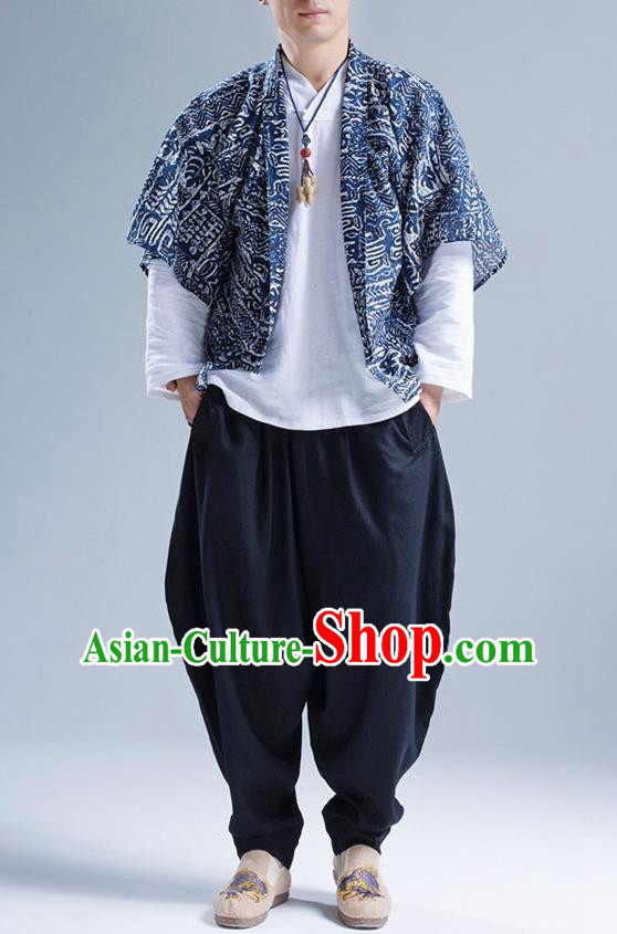 Traditional Top Chinese National Tang Suits Linen Frock Costume, Martial Arts Kung Fu Printing Batik Cardigan, Kung fu Thin Upper Outer Garment, Chinese Taichi Thin Coats Wushu Clothing for Men