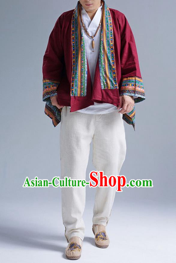 Traditional Top Chinese Yunnan Ethnic Tang Suits Linen Frock Costume, Martial Arts Kung Fu Lacy Red Cardigan, Kung fu Thin Upper Outer Garment, Chinese Taichi Thin Coats Wushu Clothing for Men