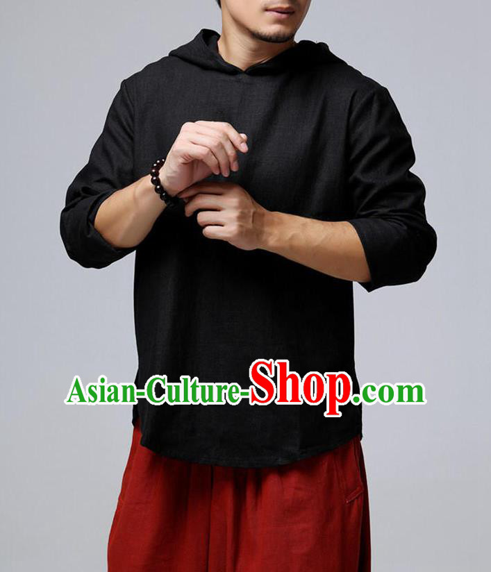 Traditional Top Chinese National Tang Suits Linen Frock Costume, Martial Arts Kung Fu Long Sleeve Black Hooded T-Shirt, Kung fu Upper Outer Garment, Chinese Taichi Shirts Wushu Clothing for Men