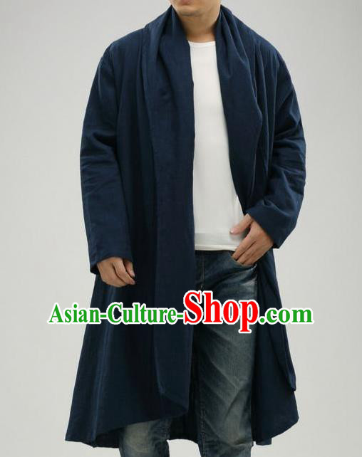Traditional Top Chinese National Tang Suits Linen Frock Costume, Martial Arts Kung Fu Dark Navy Cardigan, Kung fu Upper Outer Garment Cloak, Chinese Taichi Dust Coats Wushu Clothing for Men