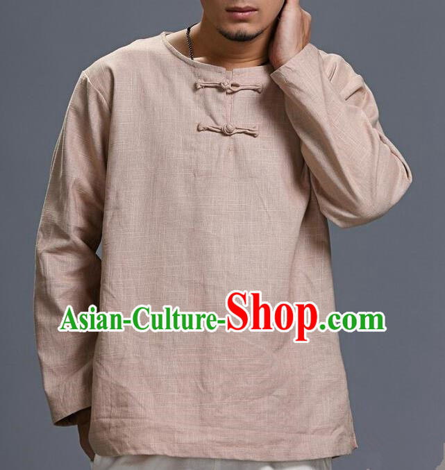 Traditional Top Chinese National Tang Suits Linen Frock Costume, Martial Arts Kung Fu Long Sleeve Beige T-Shirt, Kung fu Plate Buttons Upper Outer Garment, Chinese Taichi Shirts Wushu Clothing for Men