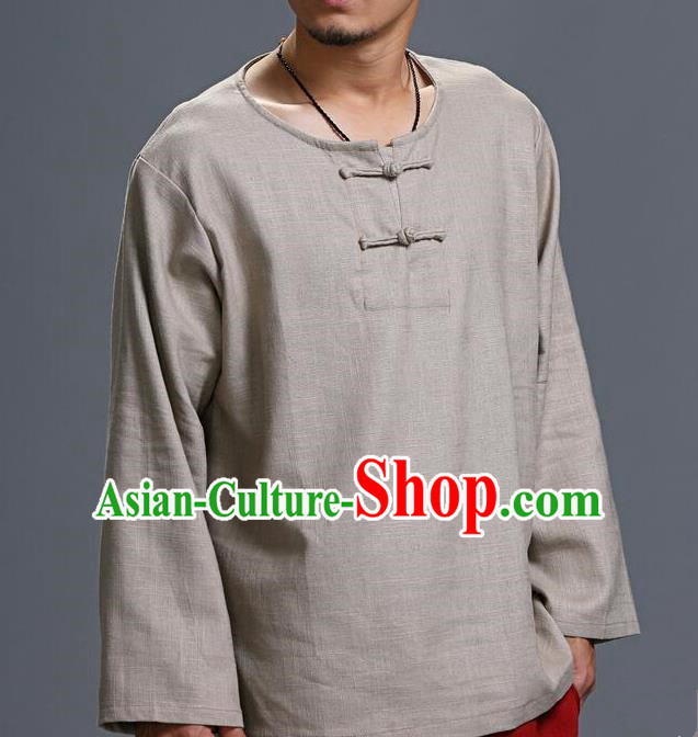 Traditional Top Chinese National Tang Suits Linen Frock Costume, Martial Arts Kung Fu Long Sleeve Grey T-Shirt, Kung fu Plate Buttons Upper Outer Garment, Chinese Taichi Shirts Wushu Clothing for Men