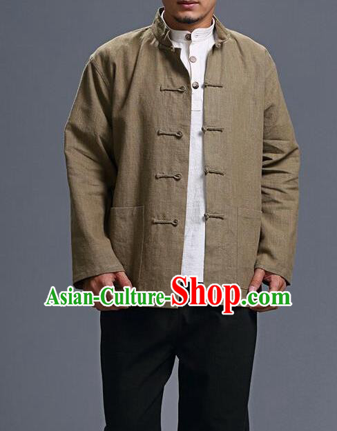 Traditional Top Chinese National Tang Suits Linen Costume, Martial Arts Kung Fu Front Opening Coffee Coats, Kung fu Plate Buttons Jacket, Chinese Taichi Short Coats Wushu Clothing for Men