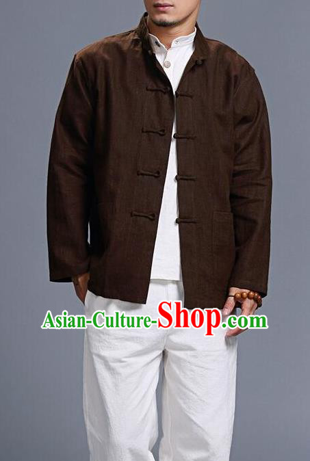 Traditional Top Chinese National Tang Suits Linen Costume, Martial Arts Kung Fu Front Opening Brown Coats, Kung fu Plate Buttons Jacket, Chinese Taichi Short Coats Wushu Clothing for Men