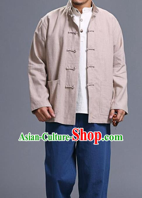 Traditional Top Chinese National Tang Suits Linen Costume, Martial Arts Kung Fu Front Opening Griege Coats, Kung fu Plate Buttons Jacket, Chinese Taichi Short Coats Wushu Clothing for Men