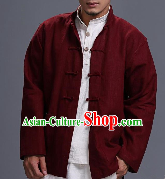 Traditional Top Chinese National Tang Suits Linen Costume, Martial Arts Kung Fu Front Opening Purplish Red Coats, Kung fu Plate Buttons Jacket, Chinese Taichi Short Coats Wushu Clothing for Men