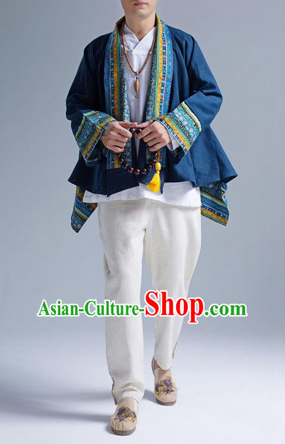Traditional Top Chinese Yunnan Ethnic Tang Suits Linen Frock Costume, Martial Arts Kung Fu Lacy Blue Cardigan, Kung fu Thin Upper Outer Garment, Chinese Taichi Thin Coats Wushu Clothing for Men