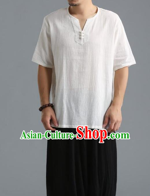 Traditional Top Chinese National Tang Suits Linen Frock Costume, Martial Arts Kung Fu Short Sleeve White T-Shirt, Kung fu Unlined Upper Garment, Chinese Taichi Shirts Wushu Clothing for Men