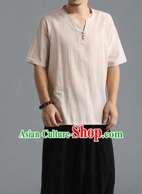Traditional Top Chinese National Tang Suits Linen Frock Costume, Martial Arts Kung Fu Short Sleeve Beige T-Shirt, Kung fu Unlined Upper Garment, Chinese Taichi Shirts Wushu Clothing for Men