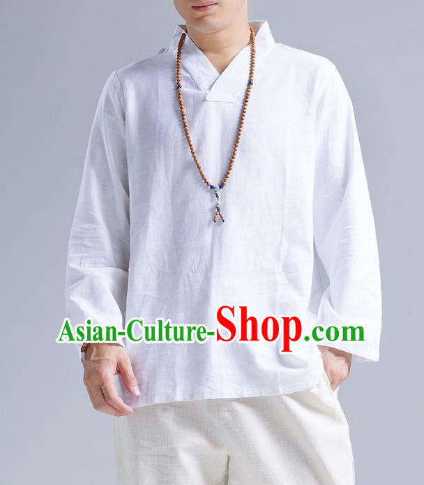 Traditional Top Chinese National Tang Suits Linen Frock Costume, Martial Arts Kung Fu Long Sleeve White Blouse, Kung fu Unlined Upper Garment Meditation Suit, Chinese Taichi Shirts Wushu Clothing for Men