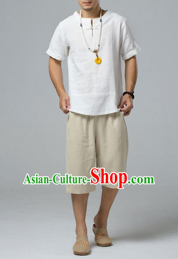 Traditional Top Chinese National Tang Suits Linen Frock Costume, Martial Arts Kung Fu Short Sleeve White T-Shirt, Kung fu Copper Buckle Upper Outer Garment, Chinese Taichi Shirts Wushu Clothing for Men