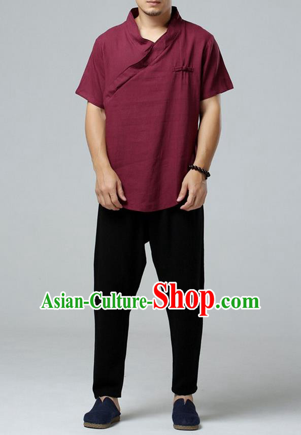 Traditional Top Chinese National Tang Suits Linen Frock Costume, Martial Arts Kung Fu Short Sleeve Dark Red T-Shirt, Kung fu Upper Outer Garment, Chinese Taichi Shirts Wushu Clothing for Men