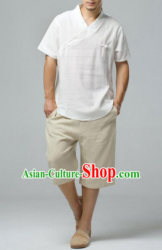 Traditional Top Chinese National Tang Suits Linen Frock Costume, Martial Arts Kung Fu Short Sleeve White T-Shirt, Kung fu Upper Outer Garment, Chinese Taichi Shirts Wushu Clothing for Men