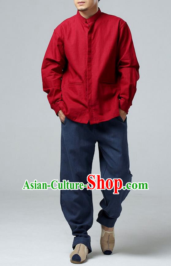 Traditional Top Chinese National Tang Suits Linen Frock Costume, Martial Arts Kung Fu Red Jacket Shirt, Kung fu Thin Upper Outer Garment Blouse, Chinese Taichi Thin Coats Wushu Clothing for Men