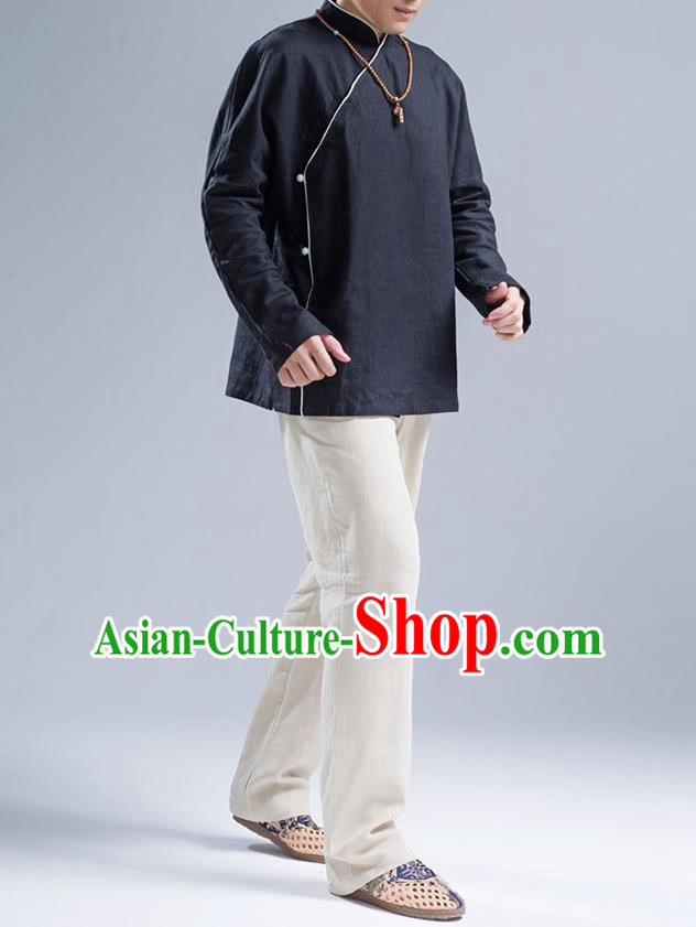 Traditional Top Chinese National Tang Suits Linen Frock Costume, Martial Arts Kung Fu Slant Opening Black Jacket Shirt, Kung fu Jade Buckle Thin Upper Outer Garment Blouse, Chinese Taichi Thin Coats Wushu Clothing for Men