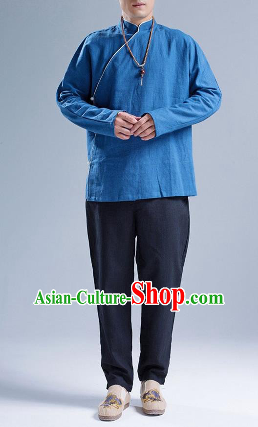 Traditional Top Chinese National Tang Suits Linen Frock Costume, Martial Arts Kung Fu Slant Opening Blue Jacket Shirt, Kung fu Jade Buckle Thin Upper Outer Garment Blouse, Chinese Taichi Thin Coats Wushu Clothing for Men