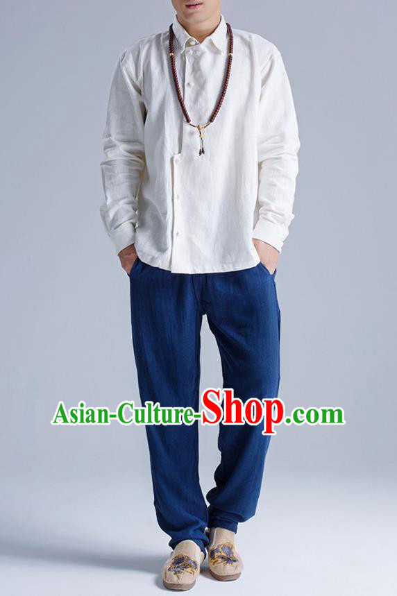 Traditional Top Chinese National Tang Suits Linen Frock Costume, Martial Arts Kung Fu Asymmetric Opening White Shirt, Kung fu Plate Buttons Thin Upper Outer Garment Blouse, Chinese Taichi Thin Shirts Wushu Clothing for Men