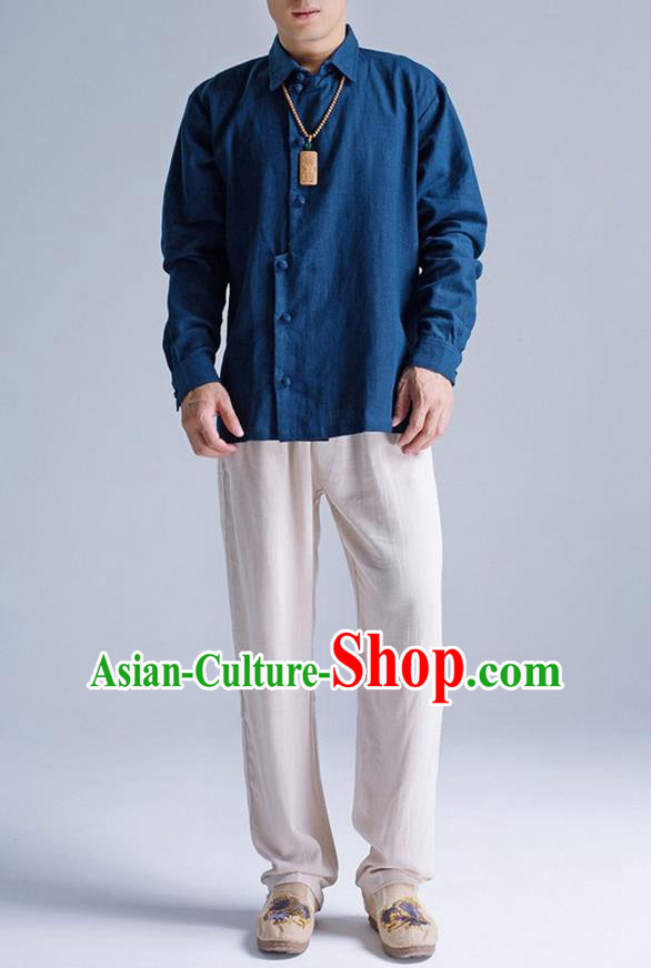Traditional Top Chinese National Tang Suits Linen Frock Costume, Martial Arts Kung Fu Asymmetric Opening Navy Shirt, Kung fu Plate Buttons Thin Upper Outer Garment Blouse, Chinese Taichi Thin Shirts Wushu Clothing for Men
