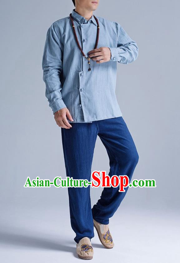 Traditional Top Chinese National Tang Suits Linen Frock Costume, Martial Arts Kung Fu Asymmetric Opening Light Blue Shirt, Kung fu Plate Buttons Thin Upper Outer Garment Blouse, Chinese Taichi Thin Shirts Wushu Clothing for Men