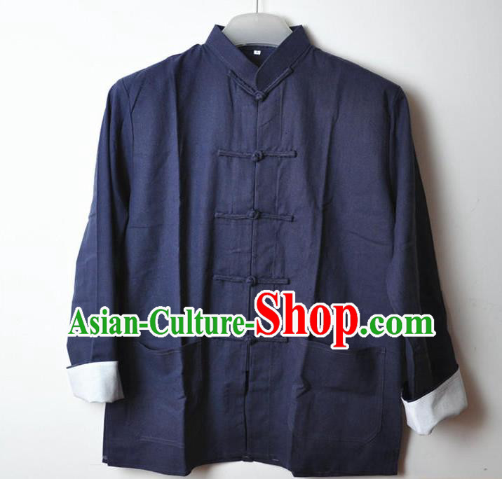 Traditional Top Chinese National Tang Suits Linen Costume, Martial Arts Kung Fu Front Opening Blue Coats, Kung fu Plate Buttons Jacket, Chinese Taichi Short Coats Wushu Clothing for Men