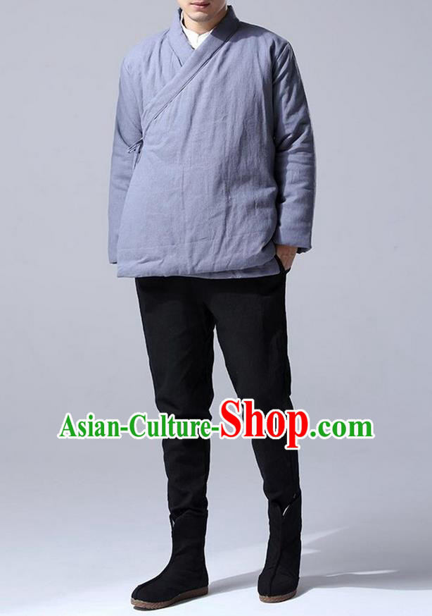 Traditional Top Chinese National Tang Suits Linen Costume, Martial Arts Kung Fu Slant Opening Grey Coats, Kung fu Tying on Cotton-Padded Jacket, Chinese Taichi Cotton-Padded Short Coats Wushu Clothing for Men