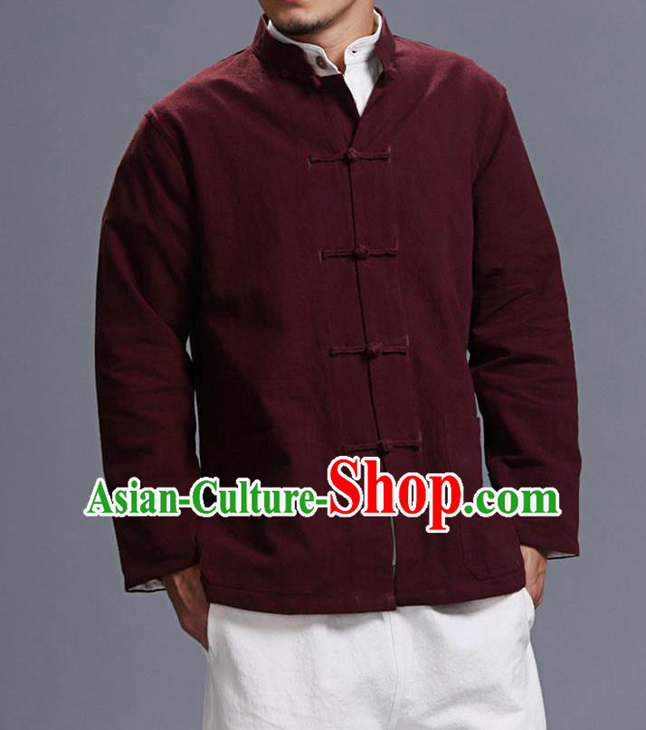 Traditional Top Chinese National Tang Suits Linen Costume, Martial Arts Kung Fu Front Opening Stand Collar Dark Red Coats, Kung fu Plate Buttons Jacket, Chinese Taichi Short Coats Wushu Clothing for Men