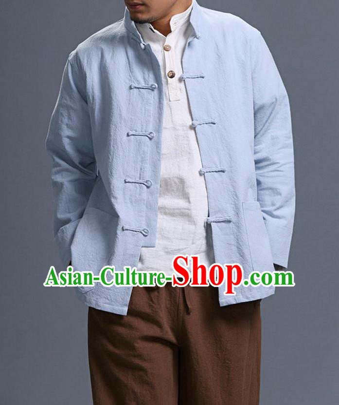 Traditional Top Chinese National Tang Suits Linen Costume, Martial Arts Kung Fu Front Opening Stand Collar Light Blue Coats, Kung fu Plate Buttons Jacket, Chinese Taichi Short Coats Wushu Clothing for Men