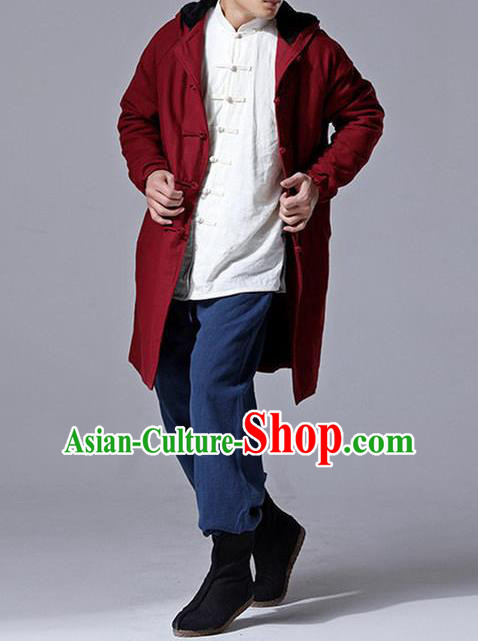 Traditional Top Chinese National Tang Suits Linen Costume, Martial Arts Kung Fu Front Opening Dark Red Add Wool Long Hooded Coats, Kung fu Plate Buttons Cotton-Padded Dust Coat, Chinese Taichi Coats Wushu Clothing for Men