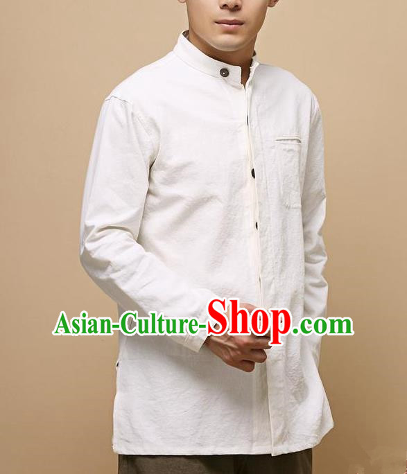 Traditional Top Chinese National Tang Suits Linen Frock Costume, Martial Arts Kung Fu Chinese Tunic Suit White Shirt, Sun Yat Sen Suit Thin Upper Outer Garment Blouse, Chinese Taichi Thin Shirts Wushu Clothing for Men