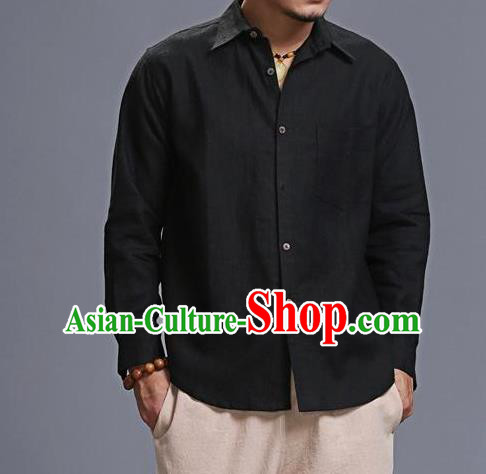 Traditional Top Chinese National Tang Suits Linen Costume, Martial Arts Kung Fu Chinese Black Shirt, Sun Yat Sen Suit Upper Outer Garment Blouse, Chinese Taichi Shirts Wushu Clothing for Men