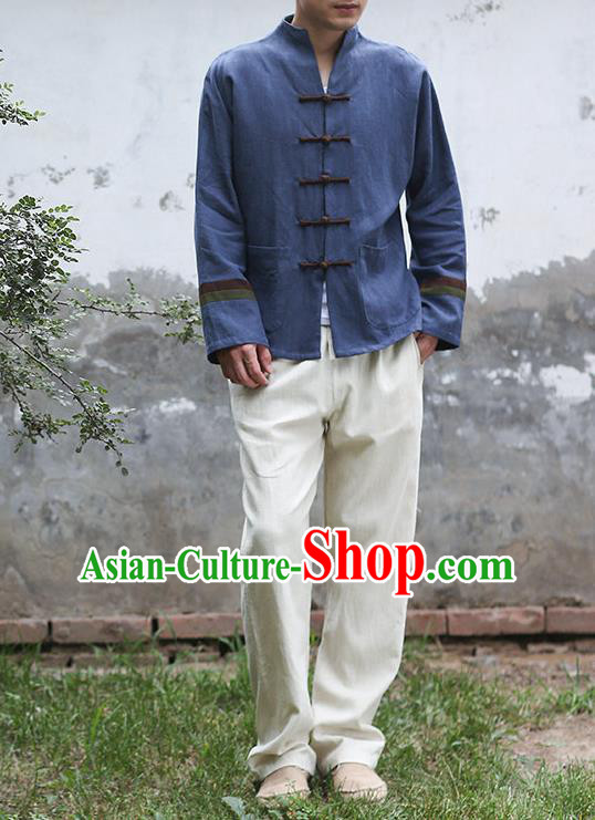 Traditional Top Chinese National Tang Suits Linen Frock Costume, Martial Arts Kung Fu Embroidery Totem Slant Opening Navy Shirt, Kung fu Plate Buttons Thin Upper Outer Garment Jacket, Chinese Taichi Thin Coats Wushu Clothing for Men