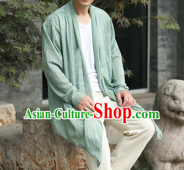 Traditional Top Chinese National Tang Suits Cotton Costume, Martial Arts Kung Fu Green Cardigan, Kung fu Thin Upper Outer Garment Jacket, Chinese Taichi Thin Coats Wushu Clothing for Men