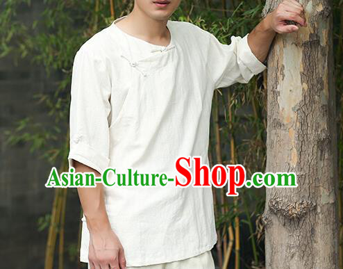 Traditional Top Chinese National Tang Suits Linen Frock Costume, Martial Arts Kung Fu Slant Opening White T-Shirt, Kung fu Plate Buttons Upper Outer Garment Half Sleeve Blouse, Chinese Taichi Thin Shirts Wushu Clothing for Men