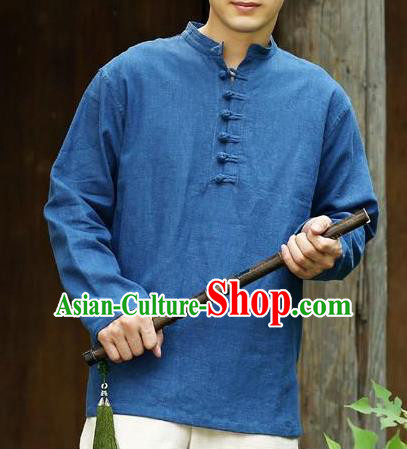 Traditional Top Chinese National Tang Suits Linen Frock Costume, Martial Arts Kung Fu Long Sleeve Deep Blue T-Shirt, Kung fu Plate Buttons Upper Outer Garment Half Sleeve Blouse, Chinese Taichi Thin Shirts Wushu Clothing for Men