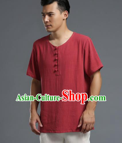 Traditional Top Chinese National Tang Suits Linen Frock Costume, Martial Arts Kung Fu Long Sleeve Dark Red T-Shirt, Kung fu Plate Buttons Upper Outer Garment Half Sleeve Blouse, Chinese Taichi Thin Shirts Wushu Clothing for Men