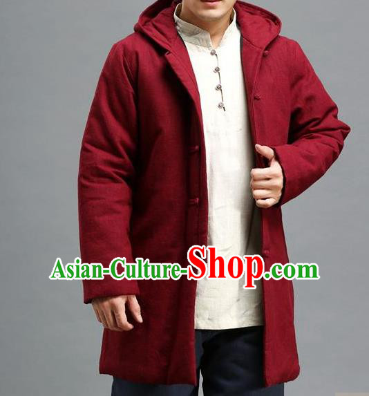 Traditional Top Chinese National Tang Suits Linen Costume, Martial Arts Kung Fu Front Opening Dark Red Hooded Coats, Chinese Kung fu Plate Buttons Jacket, Chinese Taichi Cotton-Padded Short Coats Wushu Clothing for Men