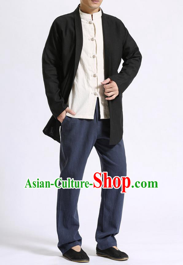 Traditional Top Chinese National Tang Suits Linen Costume, Martial Arts Kung Fu Black Cardigan, Chinese Kung fu Thin Upper Outer Garment Overcoats, Chinese Taichi Thin Coats Wushu Clothing for Men
