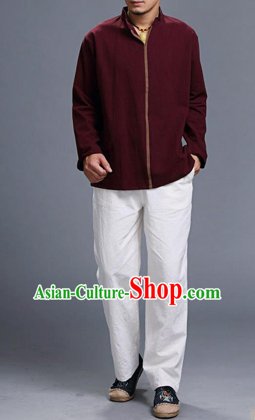 Traditional Top Chinese National Tang Suits Linen Costume, Martial Arts Kung Fu Stand Collar Long Sleeve Dark Red Overcoat, Chinese Kung fu Upper Outer Garment Blouse, Chinese Taichi Thin Shirts Wushu Clothing for Men