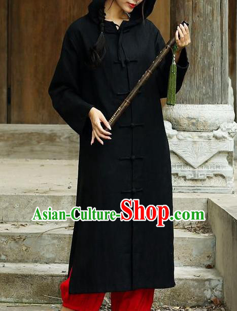 Traditional Top Chinese National Tang Suits Linen Costume, Martial Arts Kung Fu Front Opening Black Hooded Coats, Chinese Kung fu Plate Buttons Dust Coats, Chinese Taichi Long Coats Wushu Clothing for Women