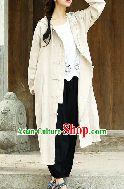 Traditional Top Chinese National Tang Suits Linen Costume, Martial Arts Kung Fu Front Opening Beige Hooded Coats, Chinese Kung fu Plate Buttons Dust Coats, Chinese Taichi Long Coats Wushu Clothing for Women