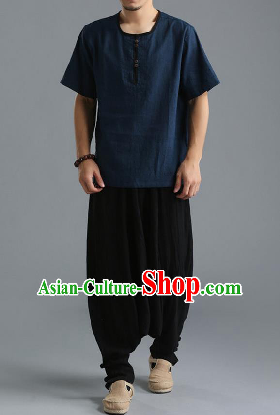 Traditional Top Chinese National Tang Suits Linen Costume, Martial Arts Kung Fu Short Sleeve Navy T-Shirt, Chinese Kung fu Upper Outer Garment Blouse, Chinese Taichi Thin Shirts Wushu Clothing for Men