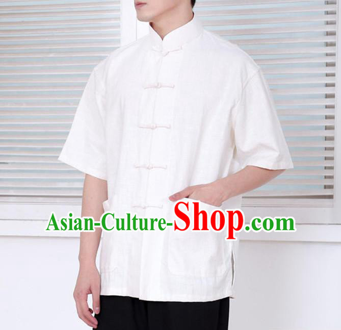 Traditional Top Chinese National Tang Suits Linen Front Opening Costume, Martial Arts Kung Fu Embroidery Short Sleeve White Shirt, Chinese Kung fu Plate Buttons Upper Outer Garment Blouse, Chinese Taichi Thin Shirts Wushu Clothing for Men