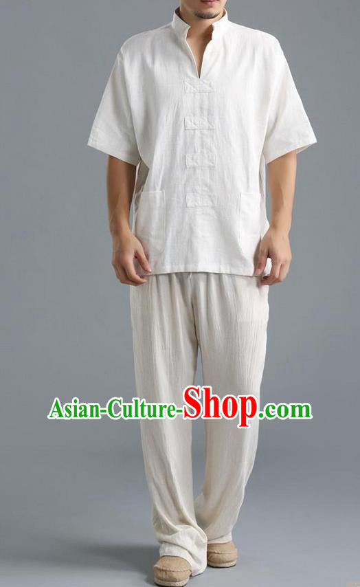 Traditional Top Chinese National Tang Suits Linen Costume, Martial Arts Kung Fu Short Sleeve White Shirt, Chinese Kung fu Upper Outer Garment Blouse, Chinese Taichi Thin Shirts Wushu Clothing for Men