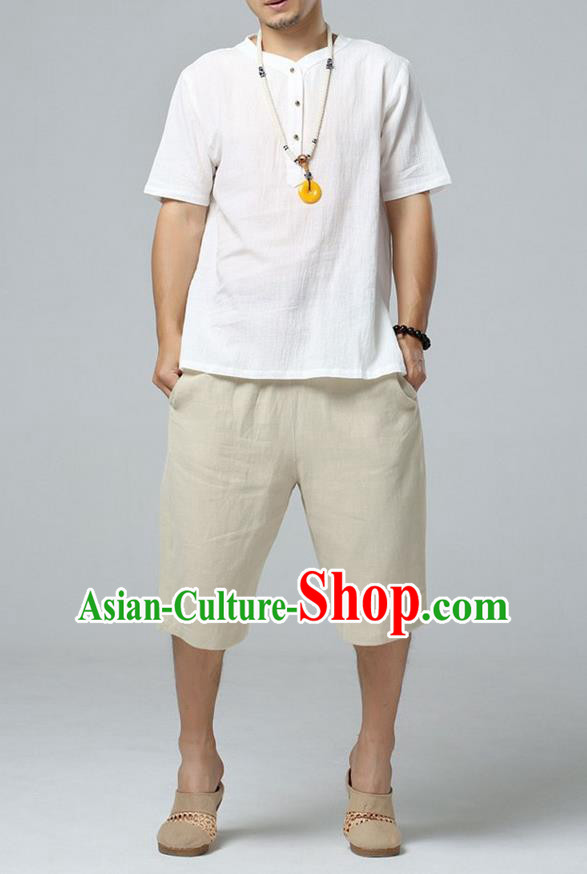 Traditional Top Chinese National Tang Suits Linen Costume, Martial Arts Kung Fu Short Sleeve White Shirt, Chinese Kung fu Brass Buttons Upper Outer Garment Blouse, Chinese Taichi Thin Shirts Wushu Clothing for Men