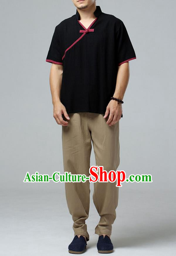 Traditional Top Chinese National Tang Suits Linen Slant Opening Costume, Martial Arts Kung Fu Short Sleeve Black Shirt, Chinese Kung fu Plate Buttons Upper Outer Garment Blouse, Chinese Taichi Thin Shirts Wushu Clothing for Men