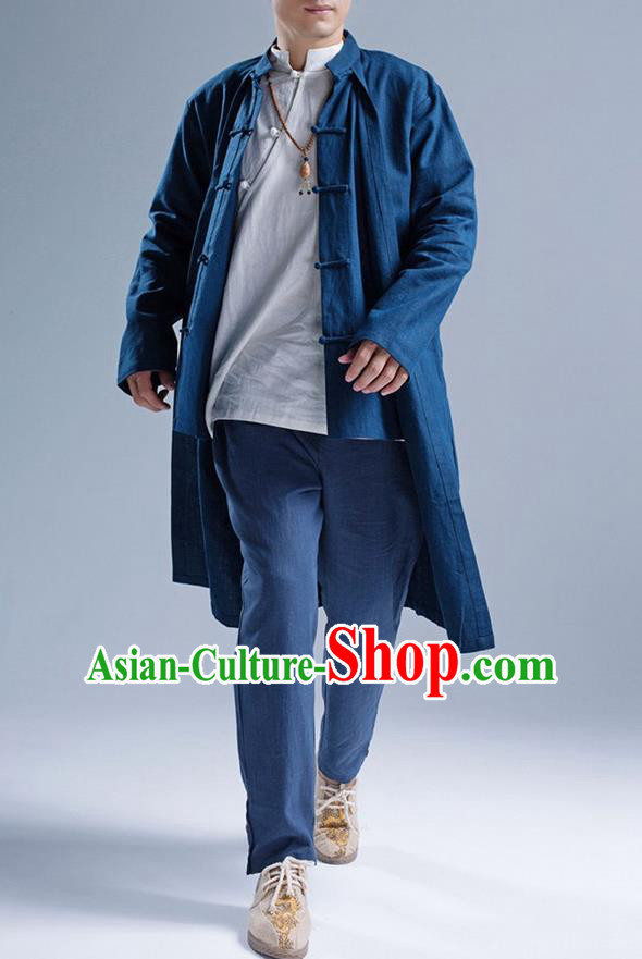 Traditional Top Chinese National Tang Suits Linen Front Opening Costume, Martial Arts Kung Fu Navy Coats, Chinese Kung fu Plate Buttons Upper Outer Garment Overcoat, Chinese Taichi Dust Coat Wushu Clothing for Men
