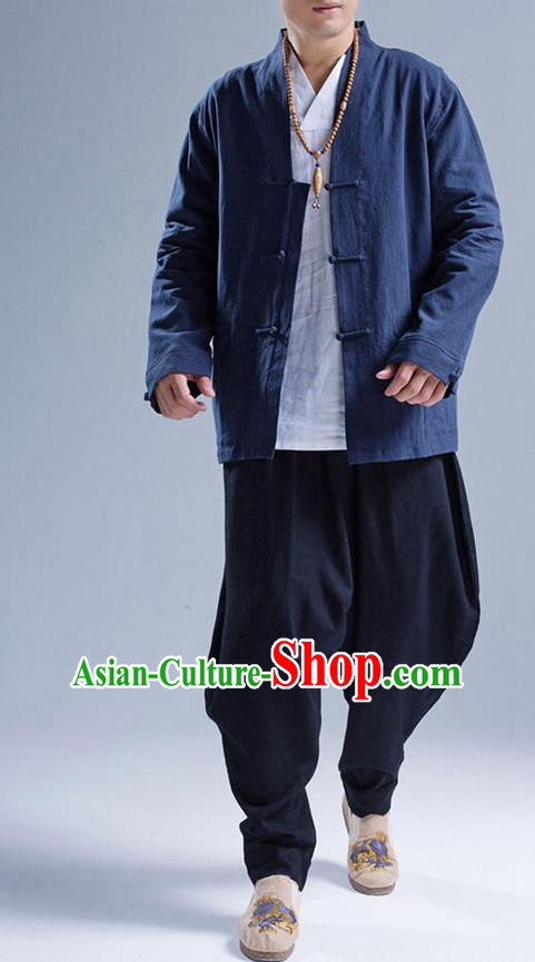 Traditional Top Chinese National Tang Suits Linen Front Opening Costume, Martial Arts Kung Fu Navy Coats, Chinese Kung fu Plate Buttons Jacket, Chinese Taichi Short Coats Wushu Cardigan Clothing for Men