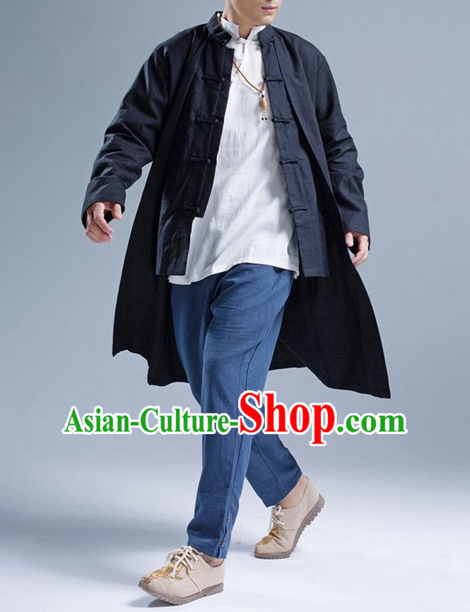 Traditional Top Chinese National Tang Suits Linen Front Opening Costume, Martial Arts Kung Fu Black Coats, Chinese Kung fu Plate Buttons Upper Outer Garment Overcoat, Chinese Taichi Dust Coat Wushu Clothing for Men