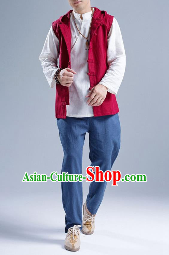 Traditional Top Chinese National Tang Suits Linen Front Opening Costume, Martial Arts Kung Fu Red Hooded Vests, Kung fu Plate Buttons Unlined Upper Garment Waistcoat, Chinese Taichi Vest Wushu Clothing for Men